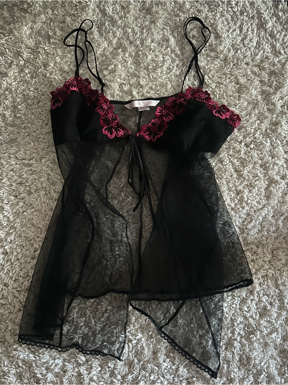 vintage y2k victoria secret black sheer mesh floral lace babydoll cami top